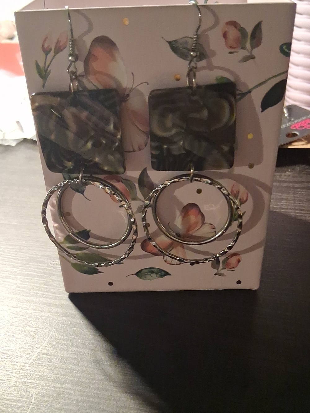Source Unknown Gray Marbled Acrylic Square Drop Earrings with Silver Rings